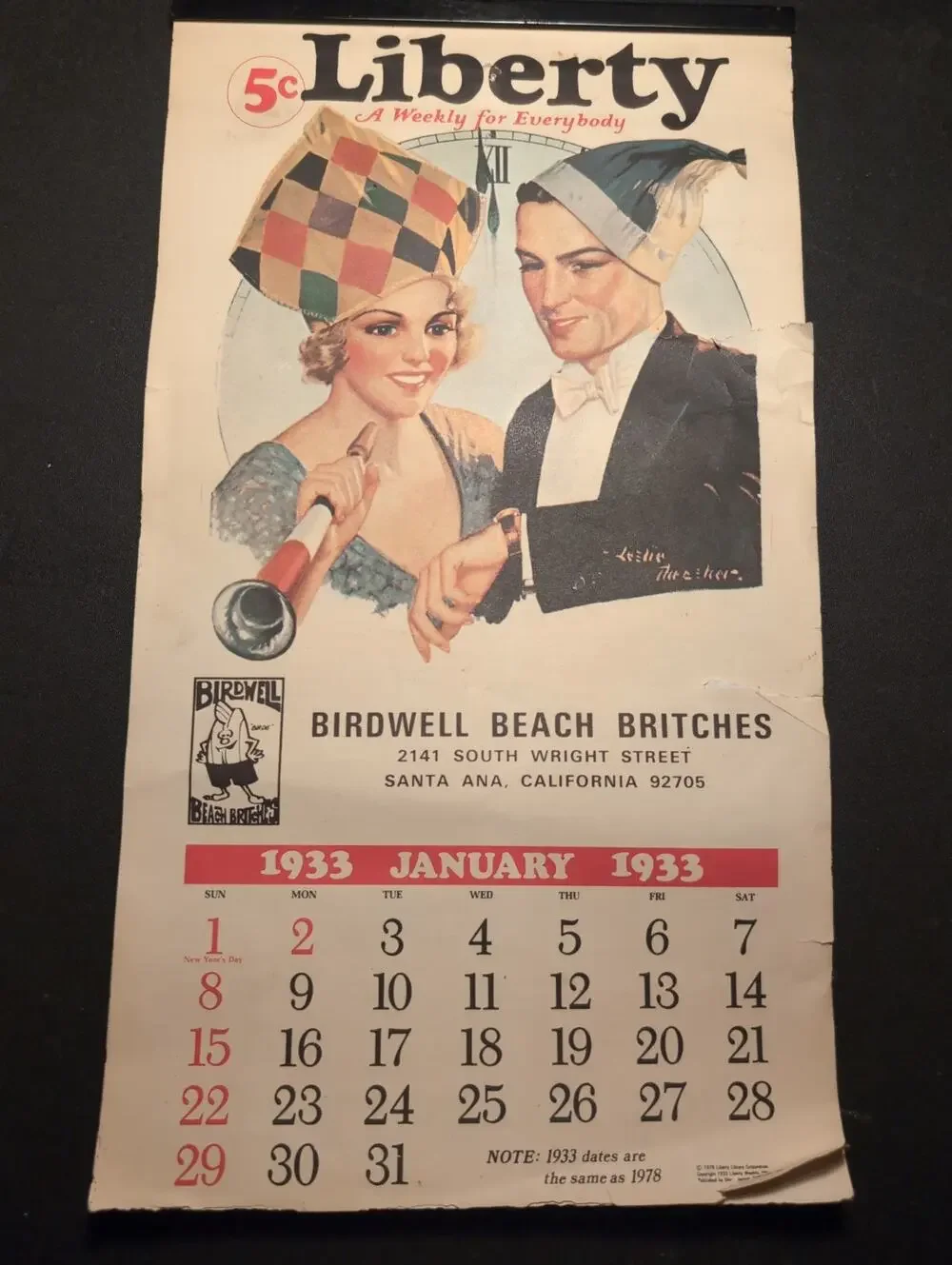 1978 Liberty 1933 Wall Calendar Reprint Complete Unused 7x12.5 Retro Vintage